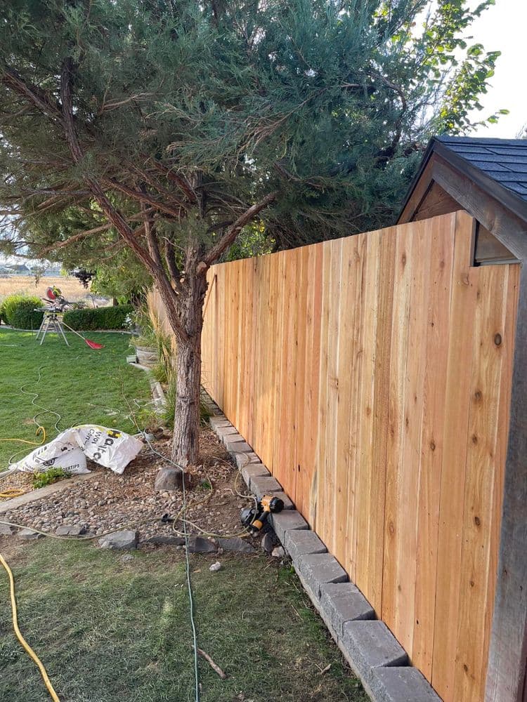 New wooden fence alongside a tree in a residential yard, with landscaping tools nearby.